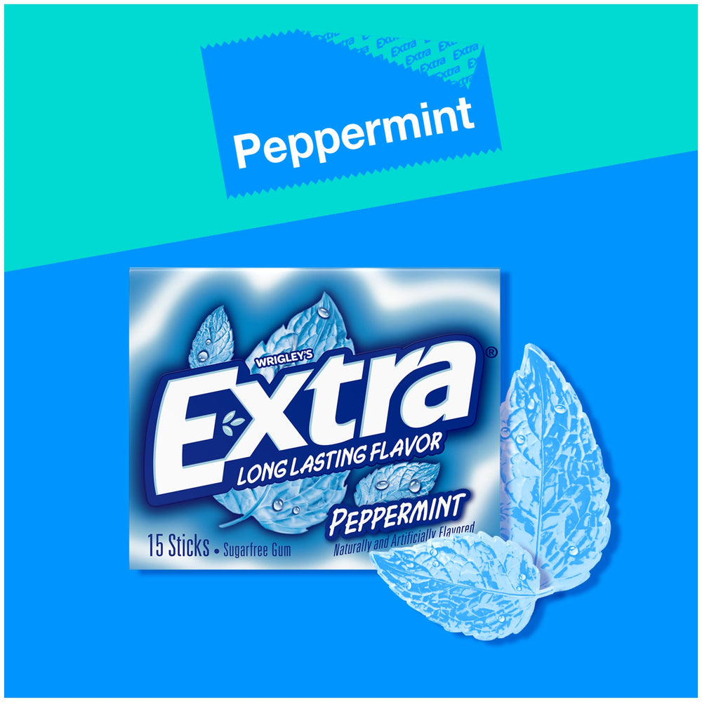 Individual wrappers of Extra Peppermint Gum highlight freshness on the go