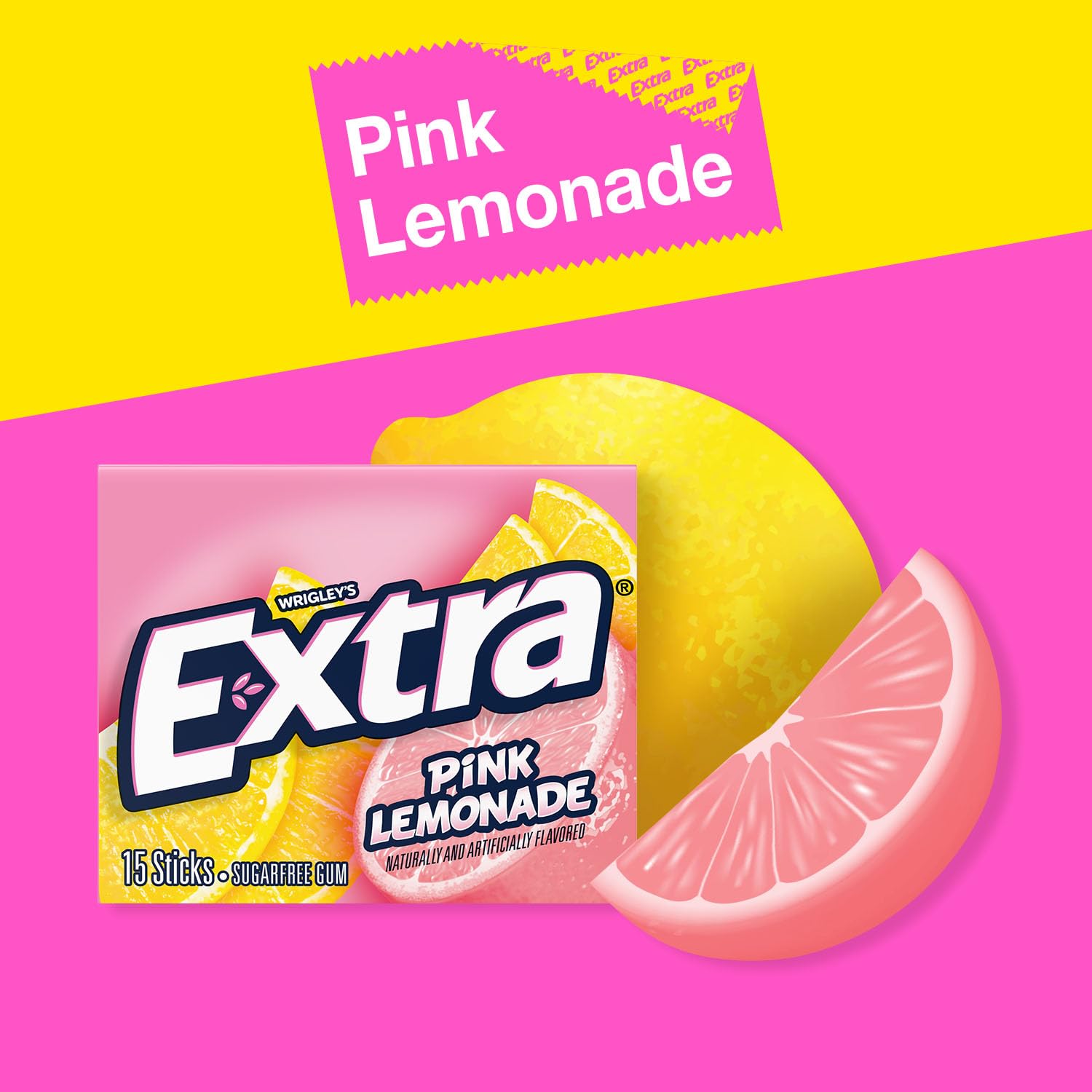 Close-up of branding label for Extra Pink Lemonade Gum highlighting sugar-free claim and refreshing citrus notes.