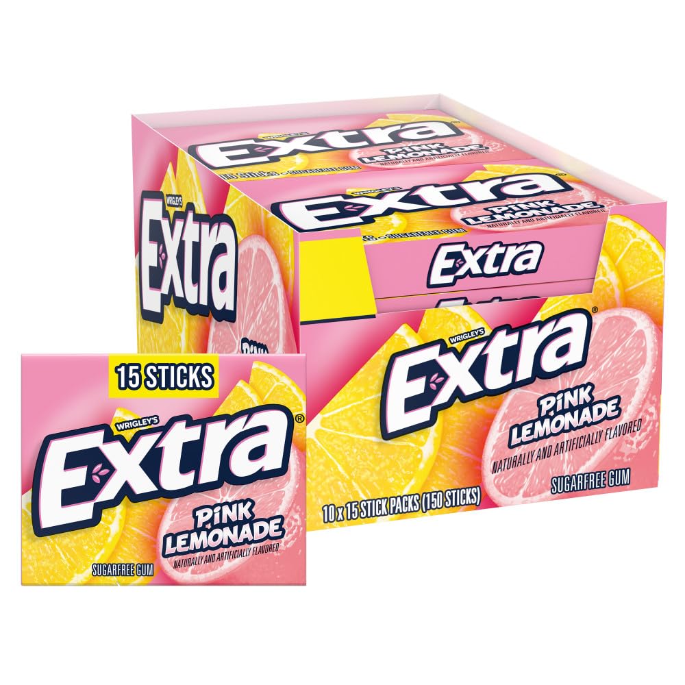 Extra Pink Lemonade gum pack front shows bold, sugar-free citrus flavor.