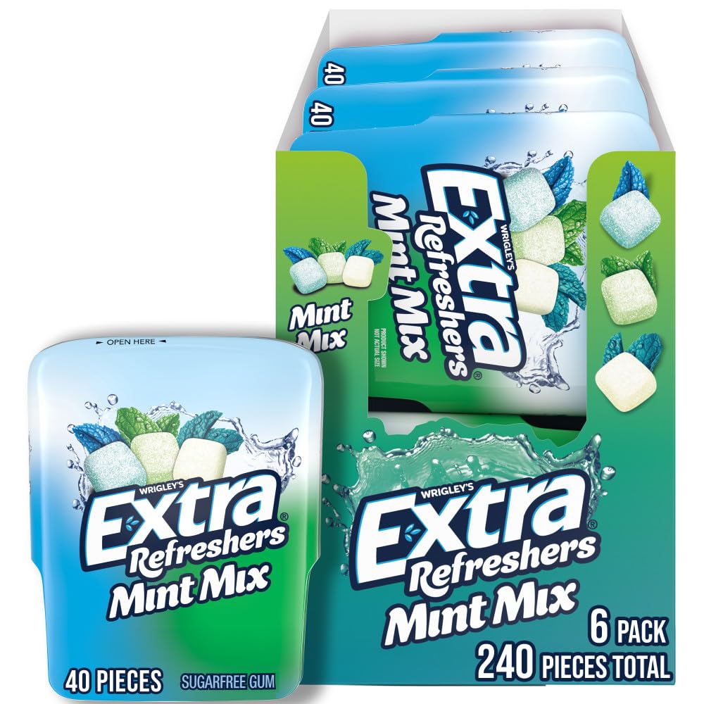 Extra Refreshers Mint Mix Gum bottle on shelf for convenient on-the-go freshness.