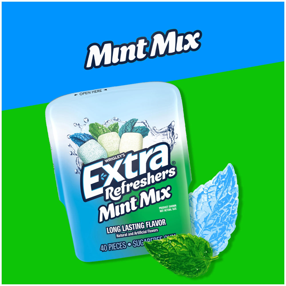 Extra Refreshers Mint Mix Gum peppermint freeze flavor swirls in a chew.