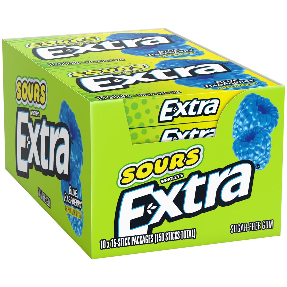 Extra Sours Blue Raspberry gum stick for a tangy chew and refreshment.