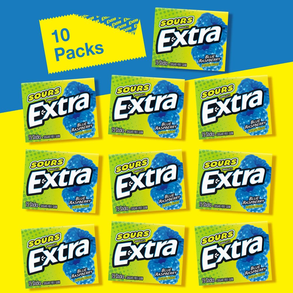 Close-up of fifteen sticks inside Extra Sours Blue Raspberry pack.