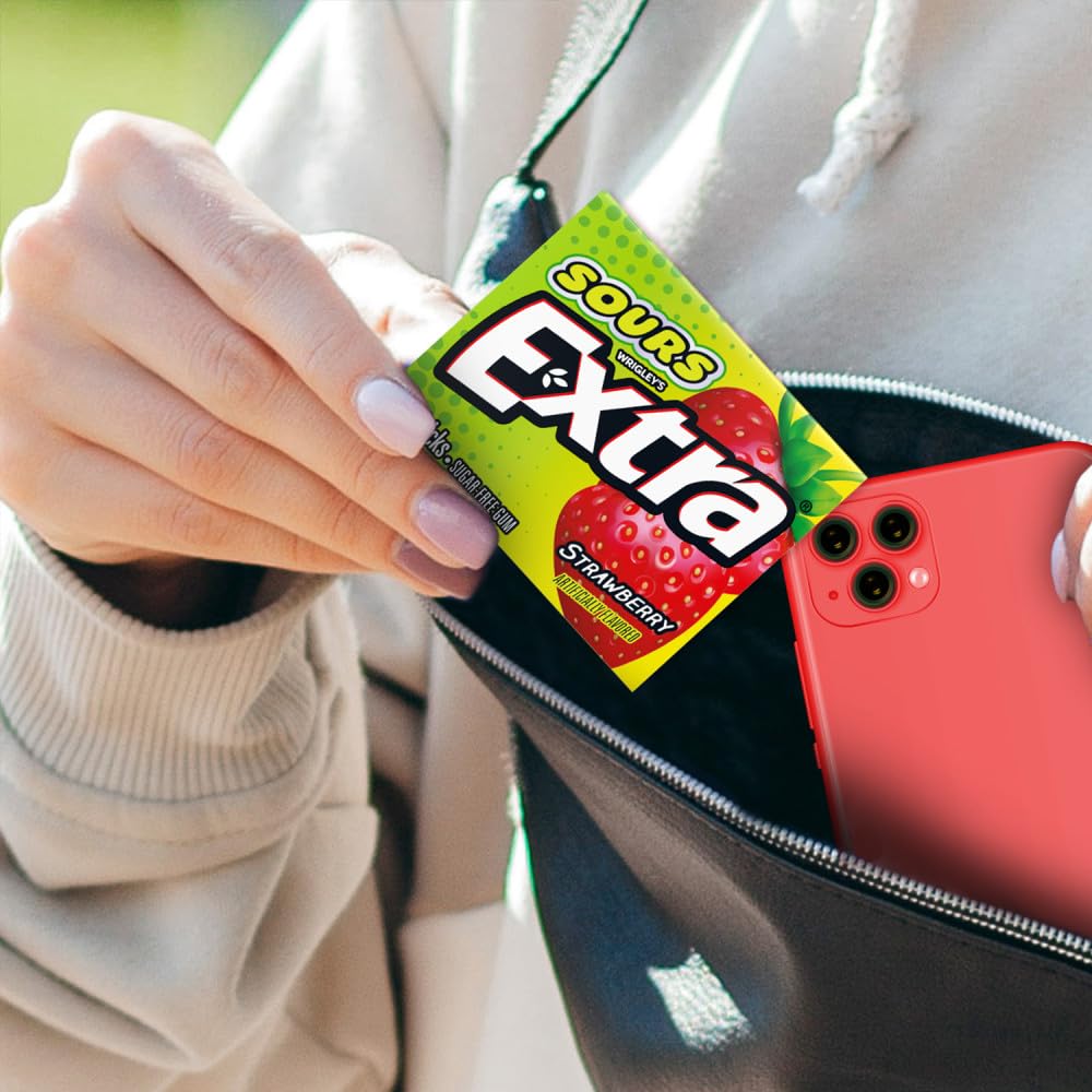 Extra Sours Strawberry sticks showcased in open 15-stick bundle.
