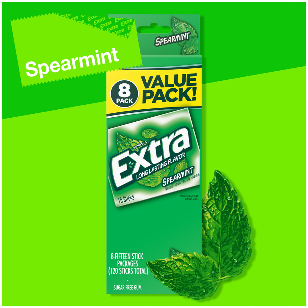 Bright spearmint freshness with Extra Gum and mint leaves.