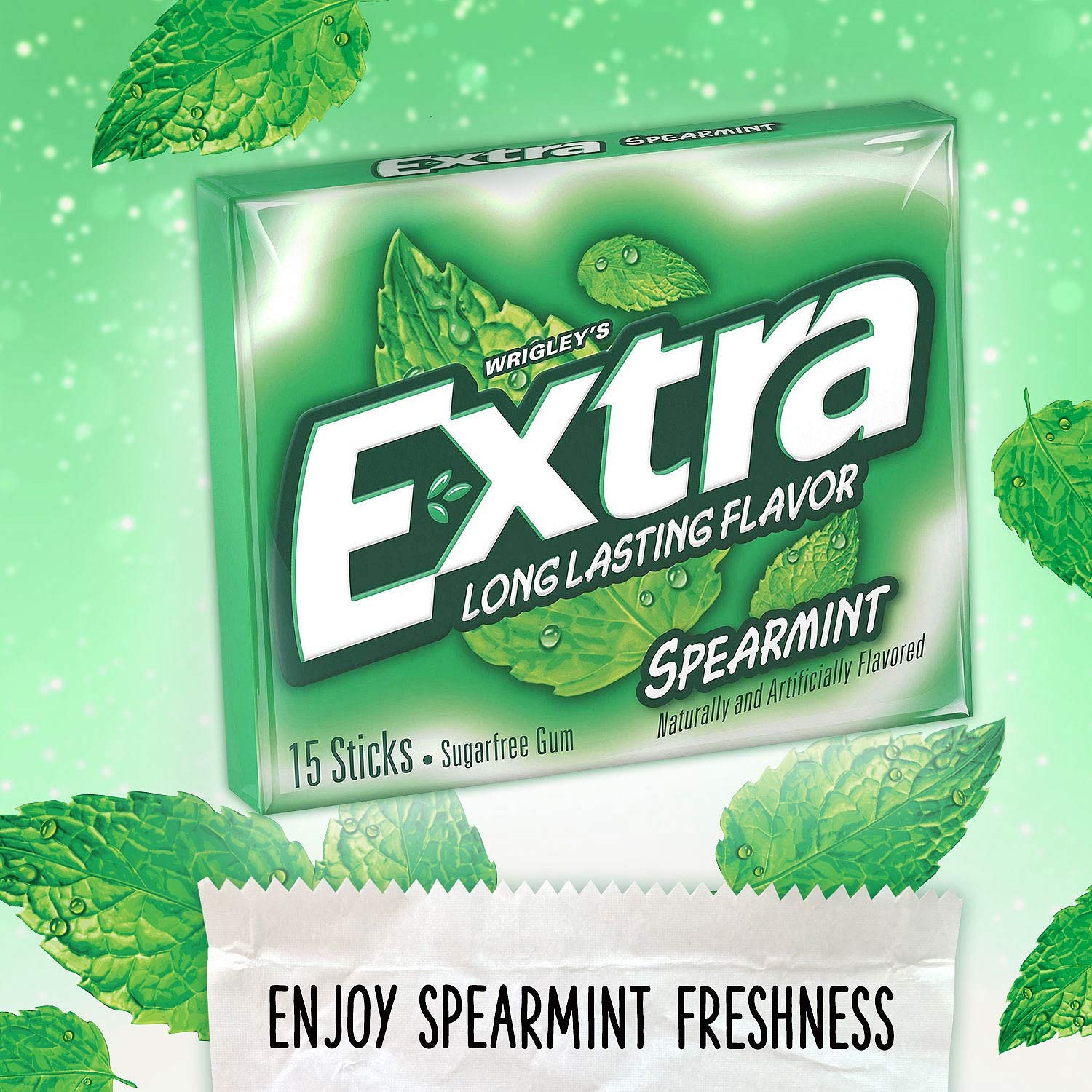 Closeup of Extra Spearmint gum pieces with crisp flavor.