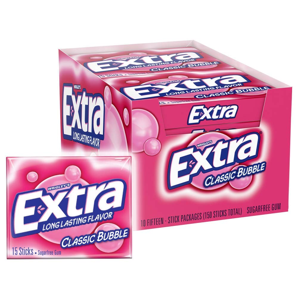 Extra Sugar Free Gum Classic Bubble pack on shelf showing long-lasting flavor