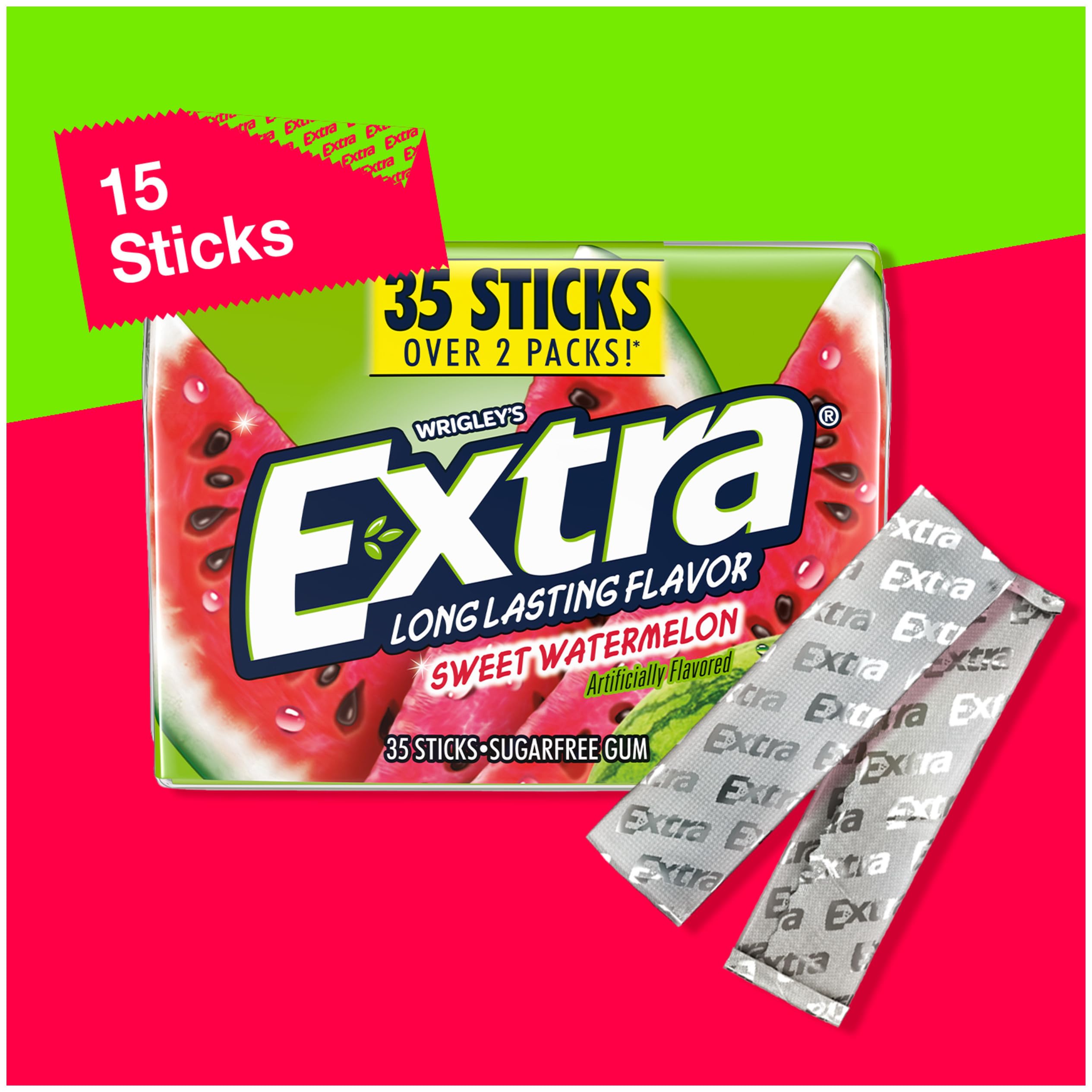 EXTRA Watermelon sugar-free gum inside foil wrap highlighting flavor