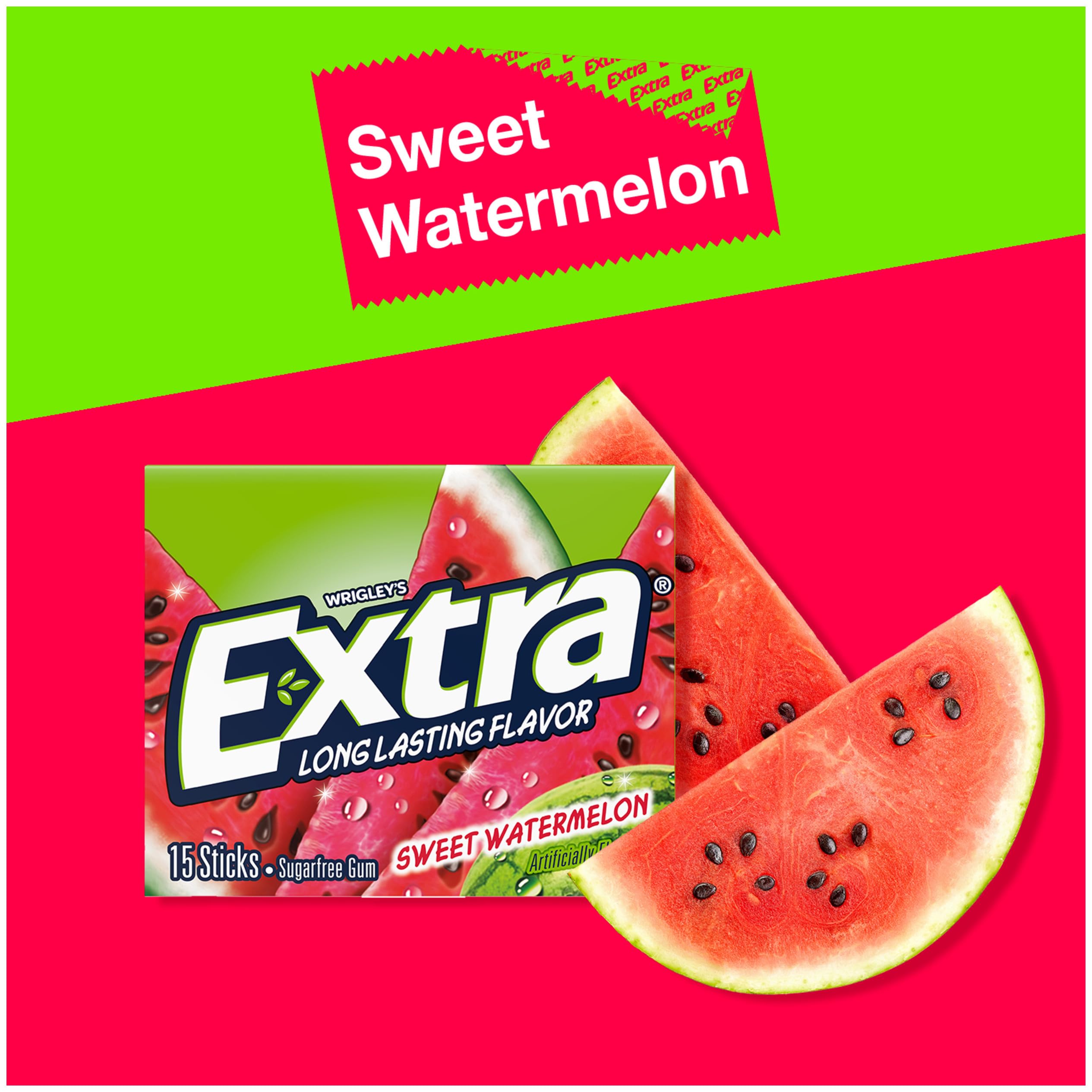 EXTRA Sugar Free Watermelon gum sticks close-up for fresh breath.