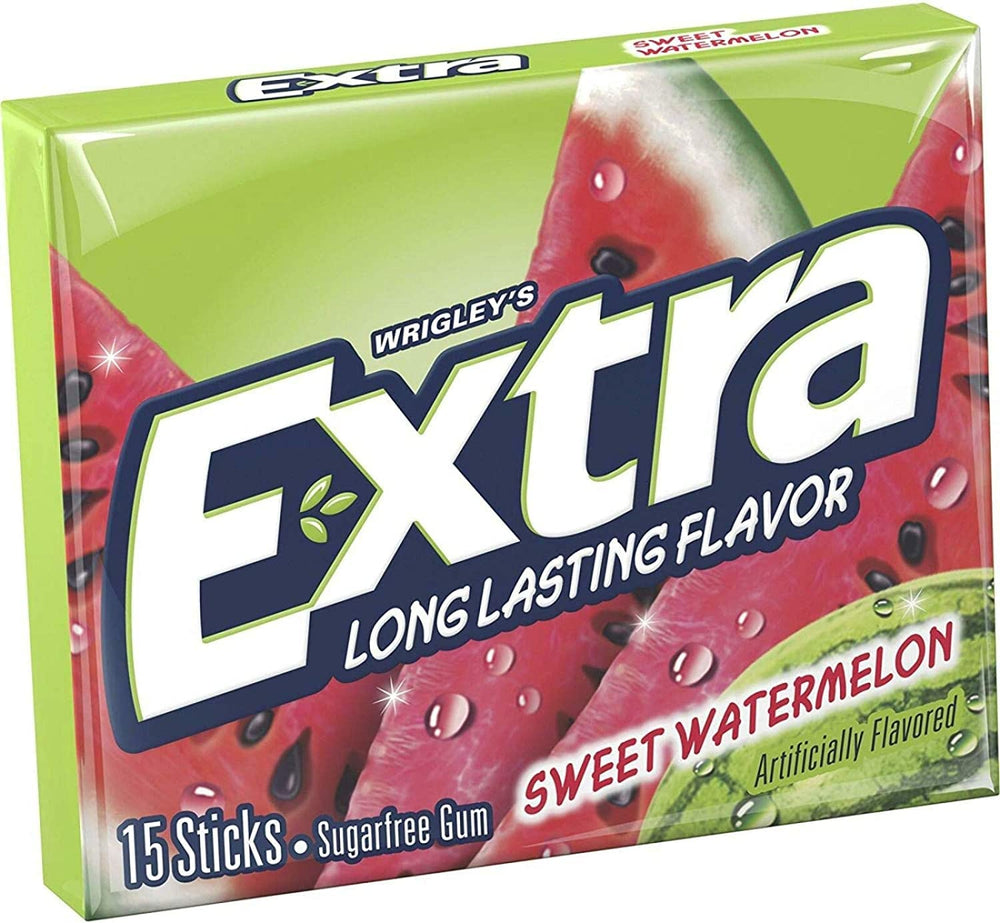 Extra Sugar-Free Watermelon Gum stick close-up highlighting long-lasting flavor