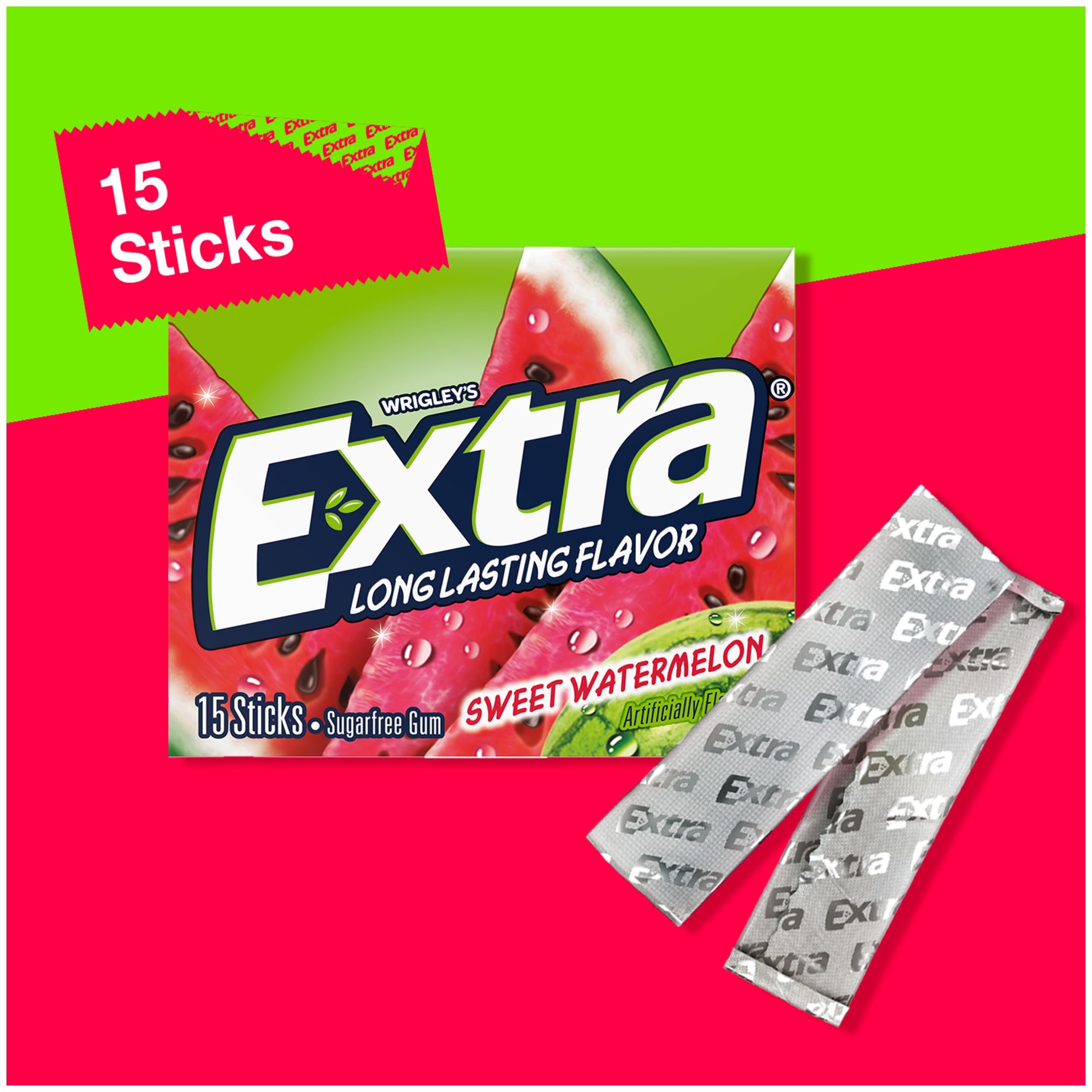 15-stick packs of EXTRA Watermelon gum for sharing and on-the-go.