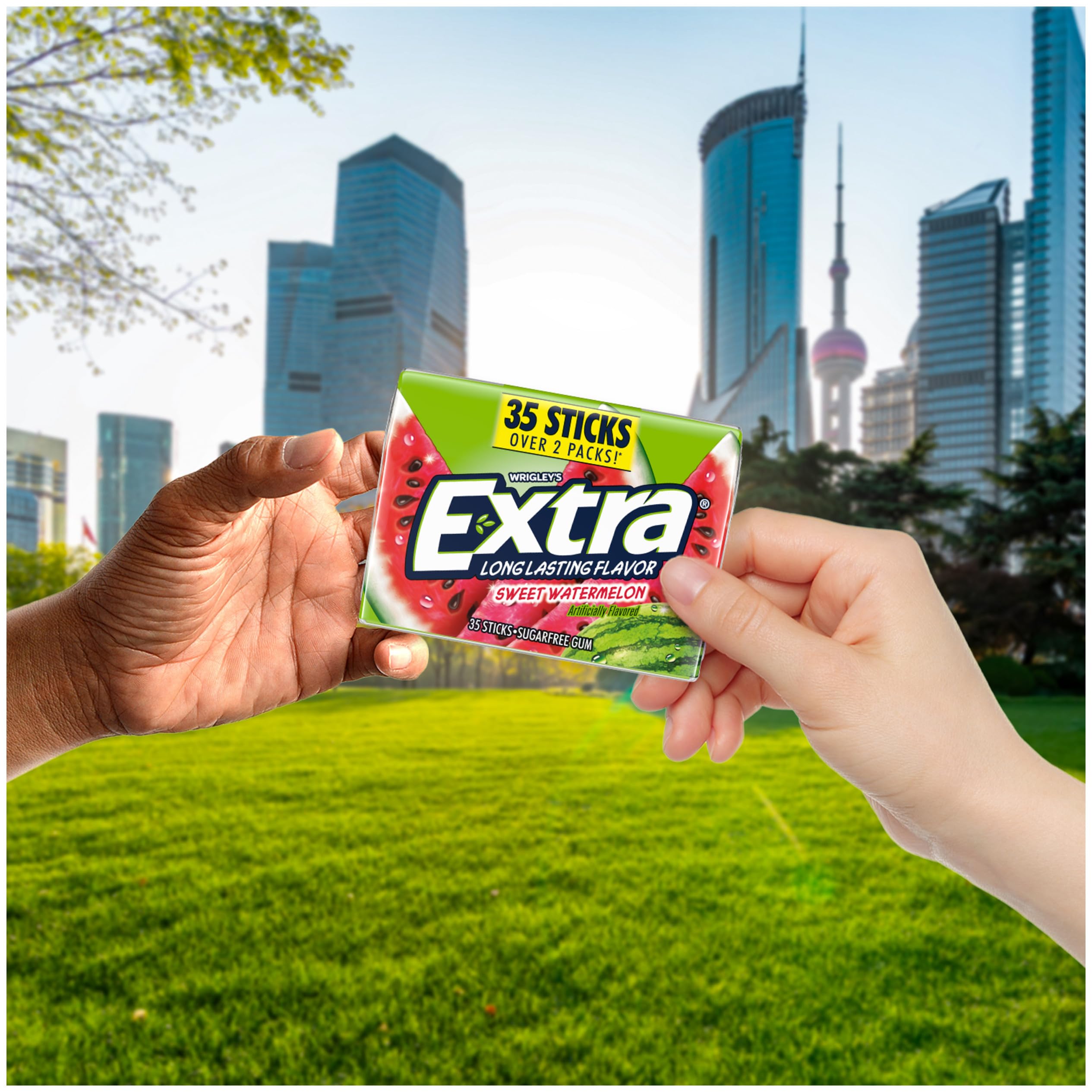 EXTRA Watermelon gum on a desk emphasizing daily breath refresh
