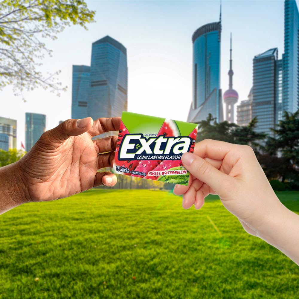 Extra Watermelon Sugar-Free Gum close-up emphasizes bright flavor.