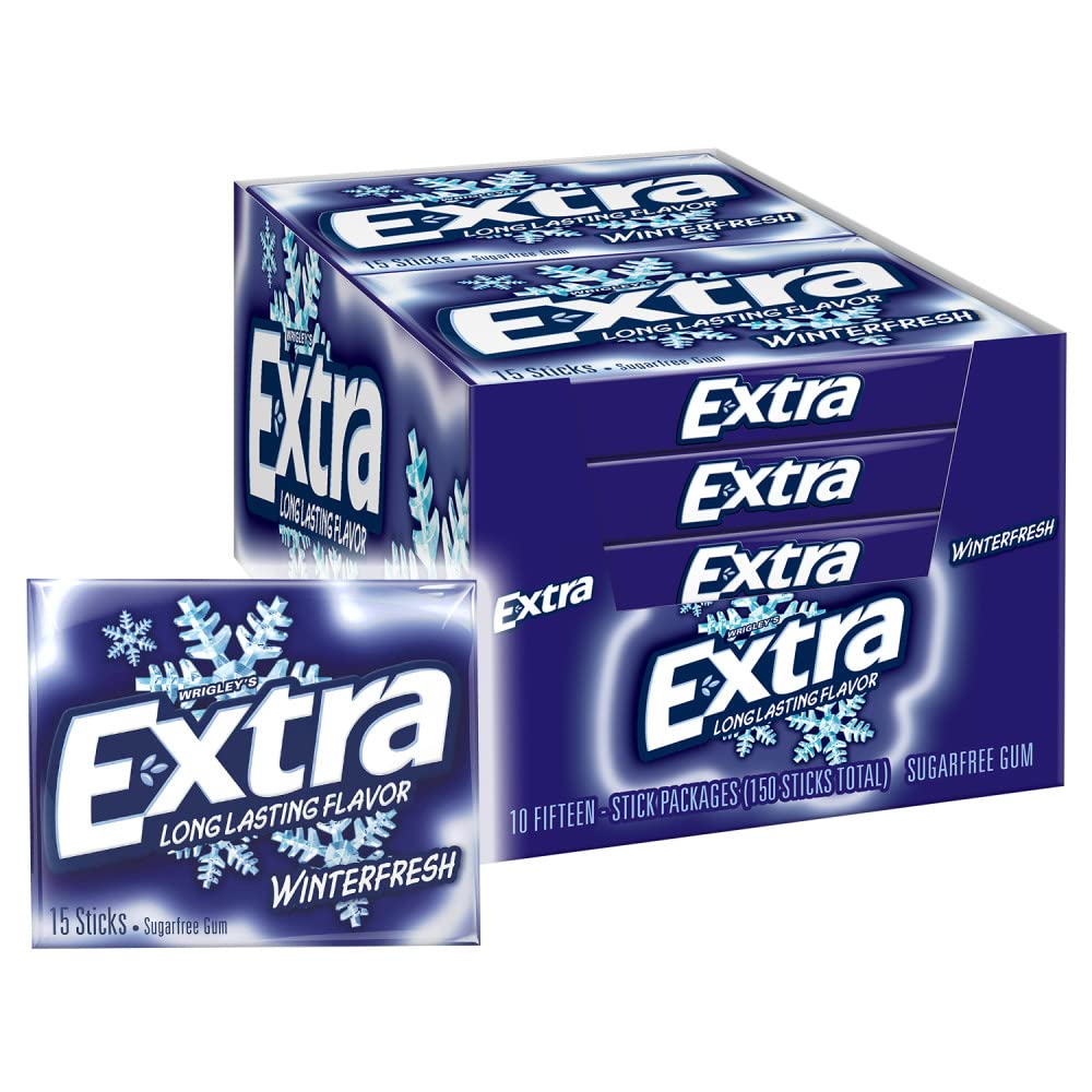 Extra Winterfresh gum bulk box with ten 15-piece packs for on-the-go freshness