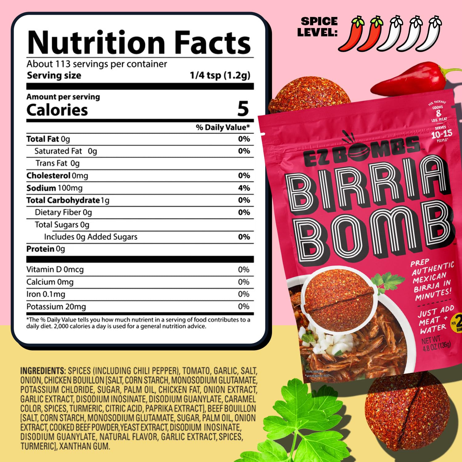 EZ Bombs Birria Bomb ingredients closeup shows premium chilies and herbs for depth