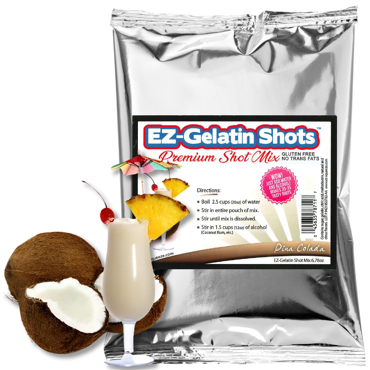 EZ-SQUEEZE Pina Colada Jello Shot Mix package shows gluten-free formula for parties.