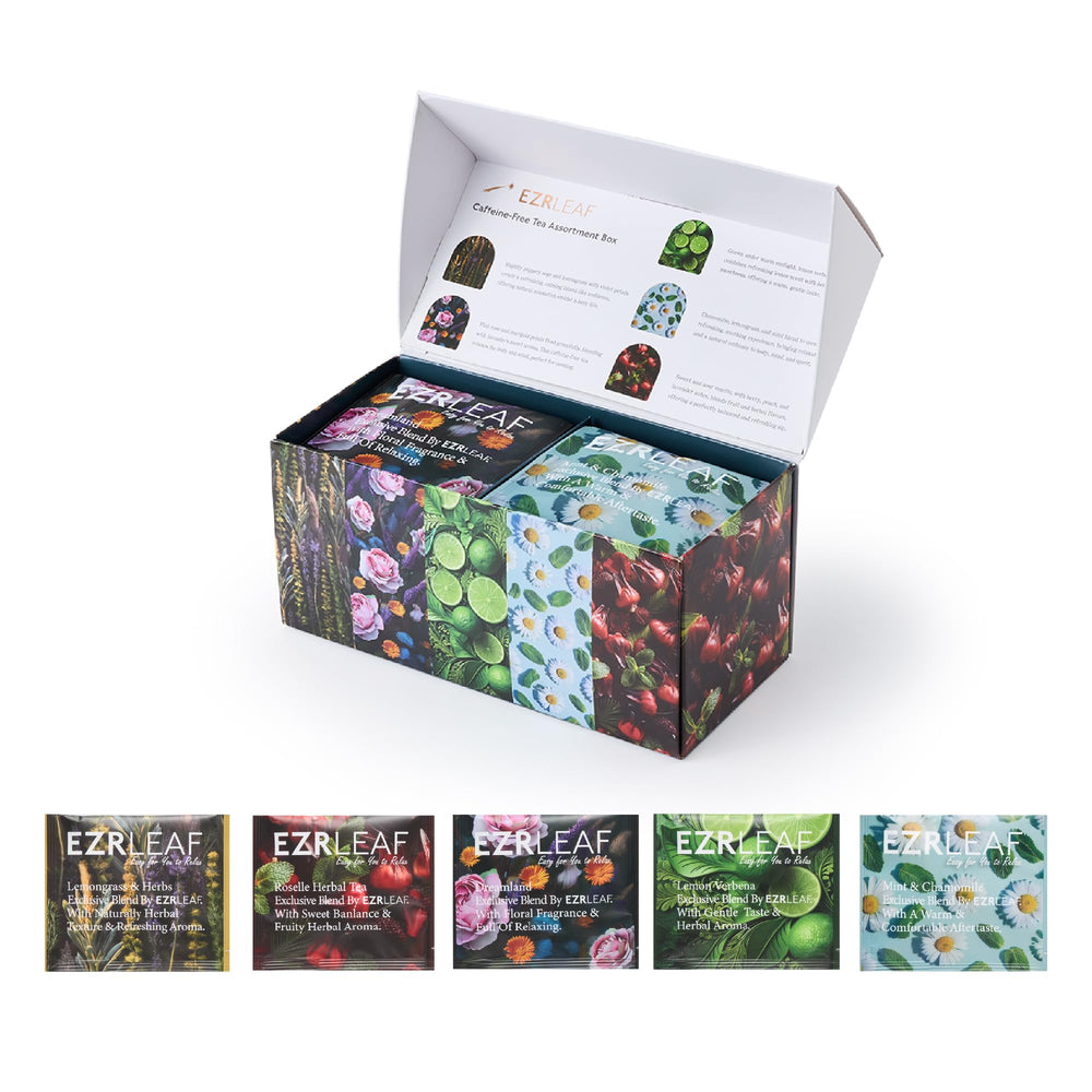 EZR LEAF decaf tea sampler packaging, gift-ready and elegant for tea lovers