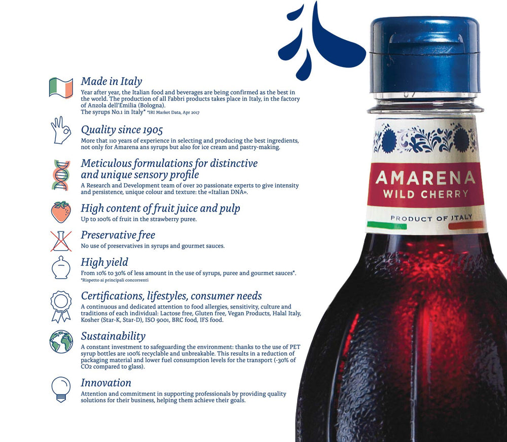 Versatile Fabbri Amarena Cherry syrup drizzled over desserts for rich cherry flavor.