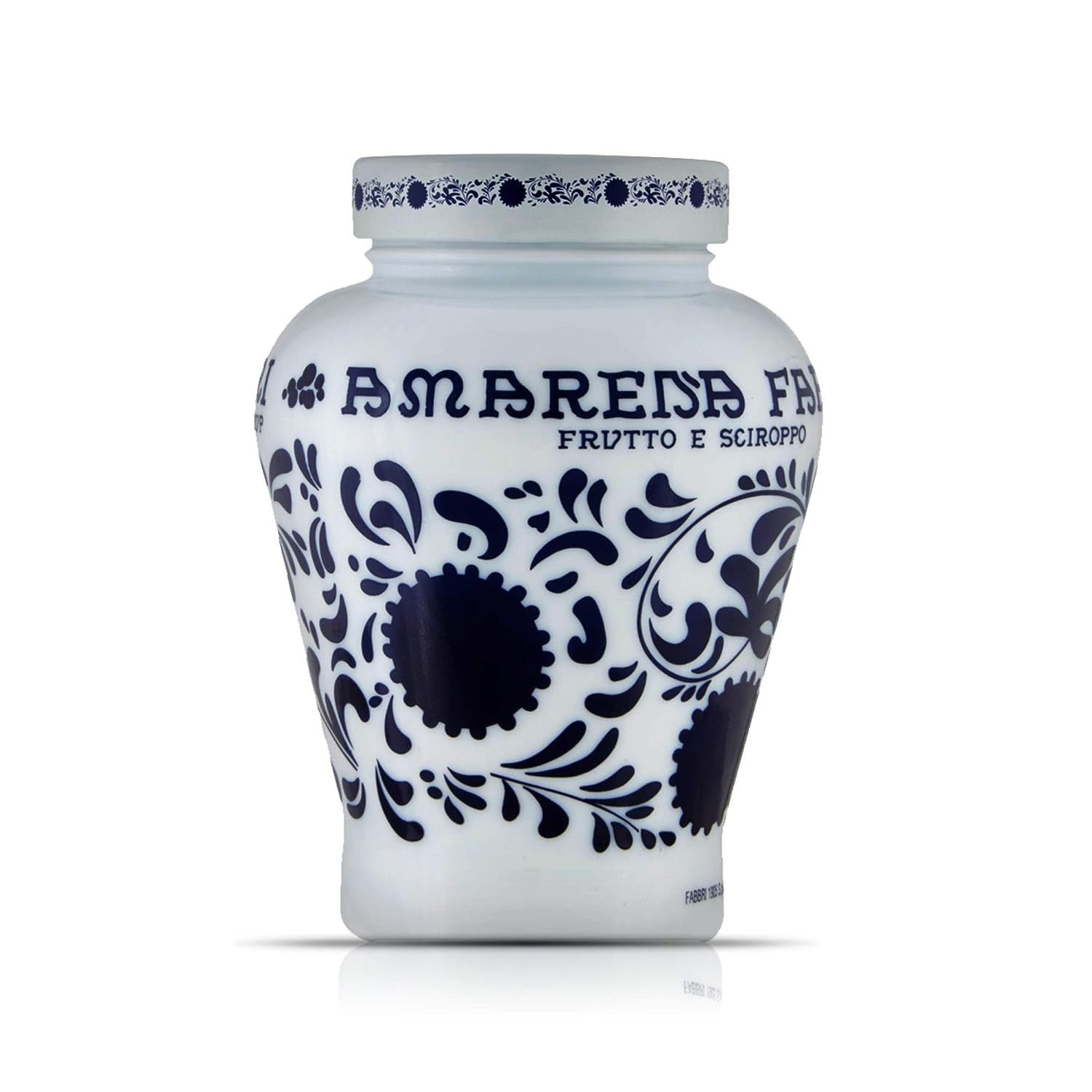 Fabbri Amarena wild cherries in syrup jar on shelf for versatile dessert topping.