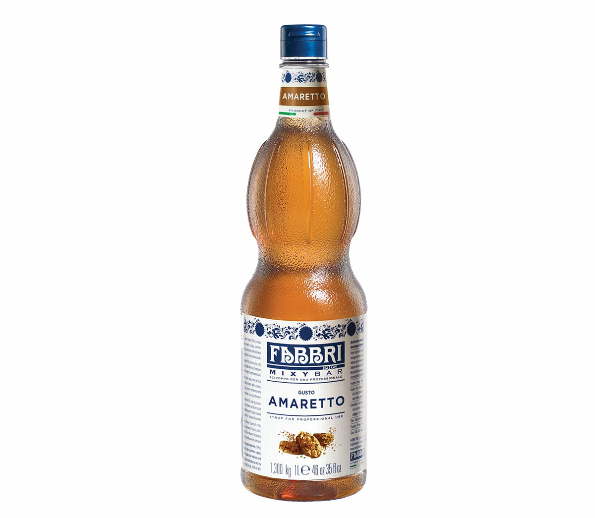 Fabbri Amaretto syrup bottle with flip cap for easy pouring and fresh flavor.