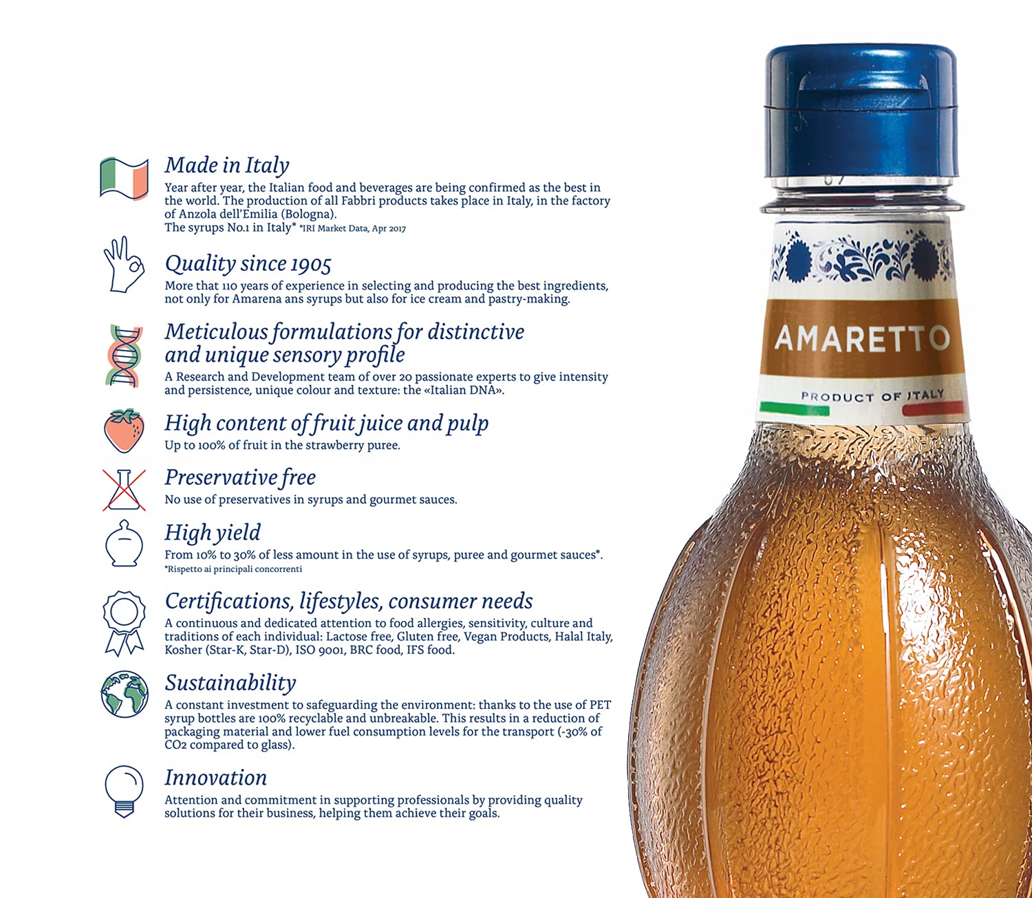 Fabbri Amaretto syrup label highlights Italian heritage and dietary notes.