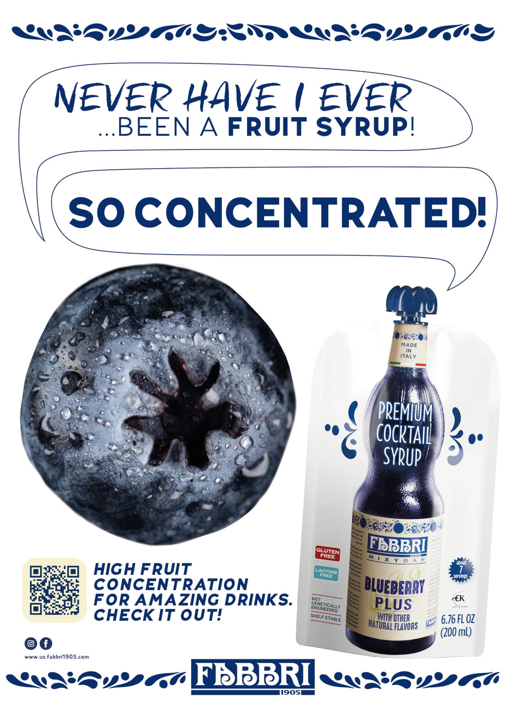 Fabbri Blueberry Syrup in a glass for cocktails.