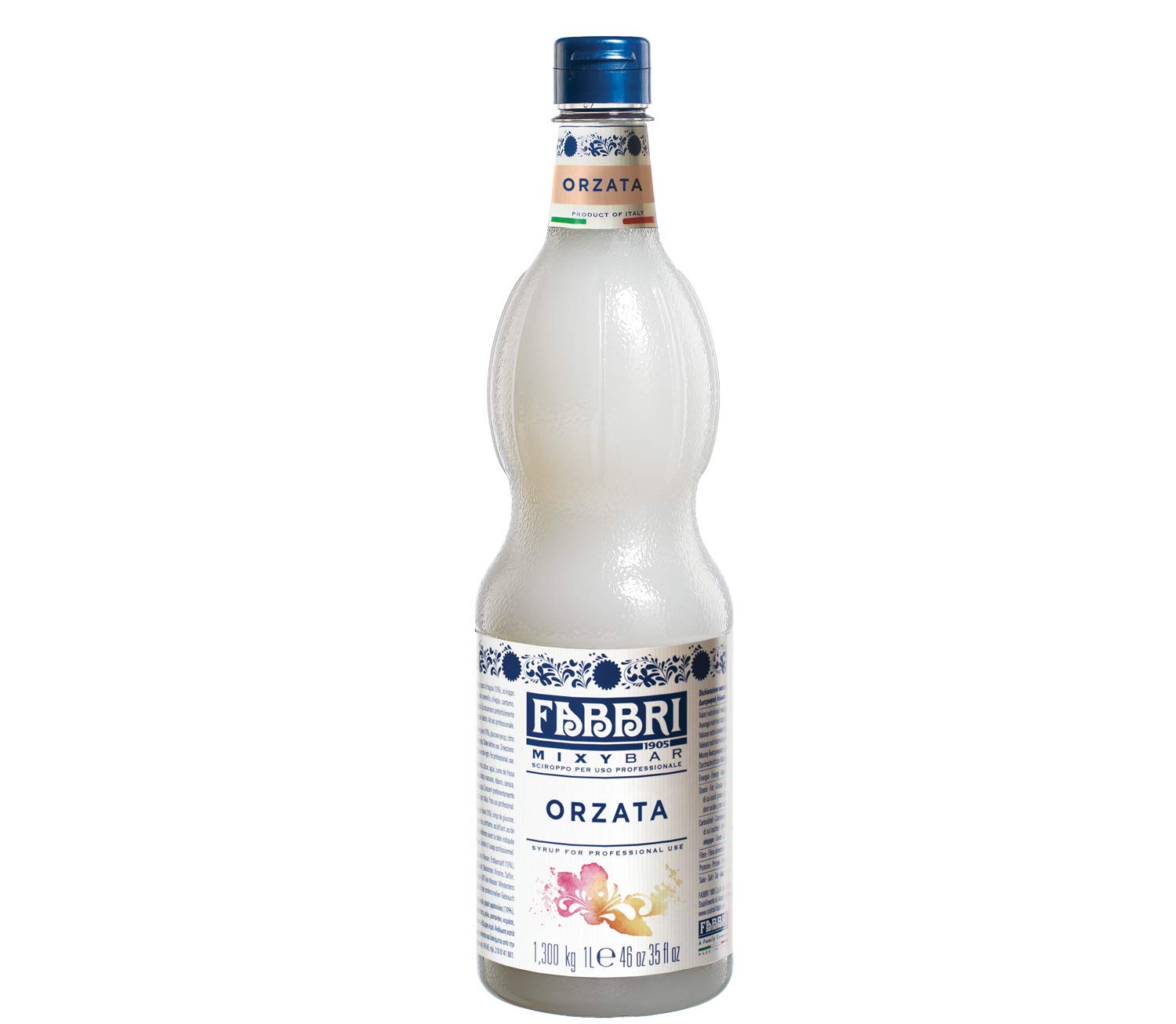 Fabbri orgeat syrup bottle with flip cap, ideal for easy coffee flavoring.