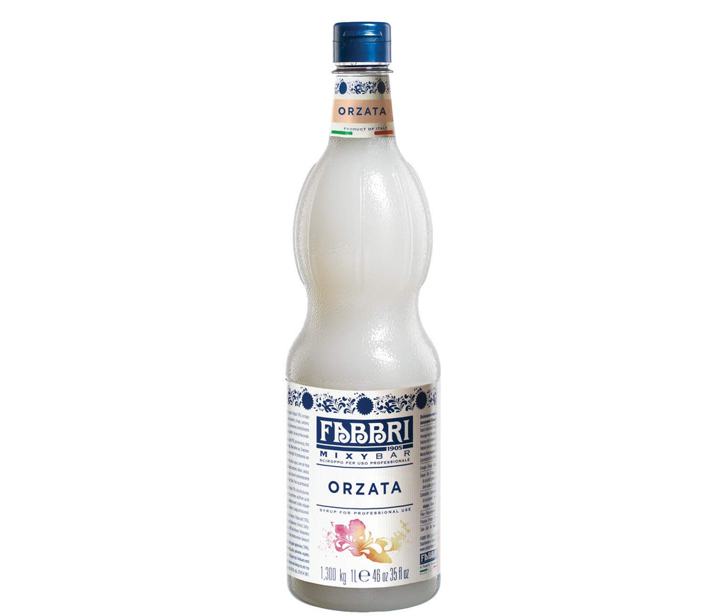 Fabbri orgeat syrup bottle with flip cap, ideal for easy coffee flavoring.