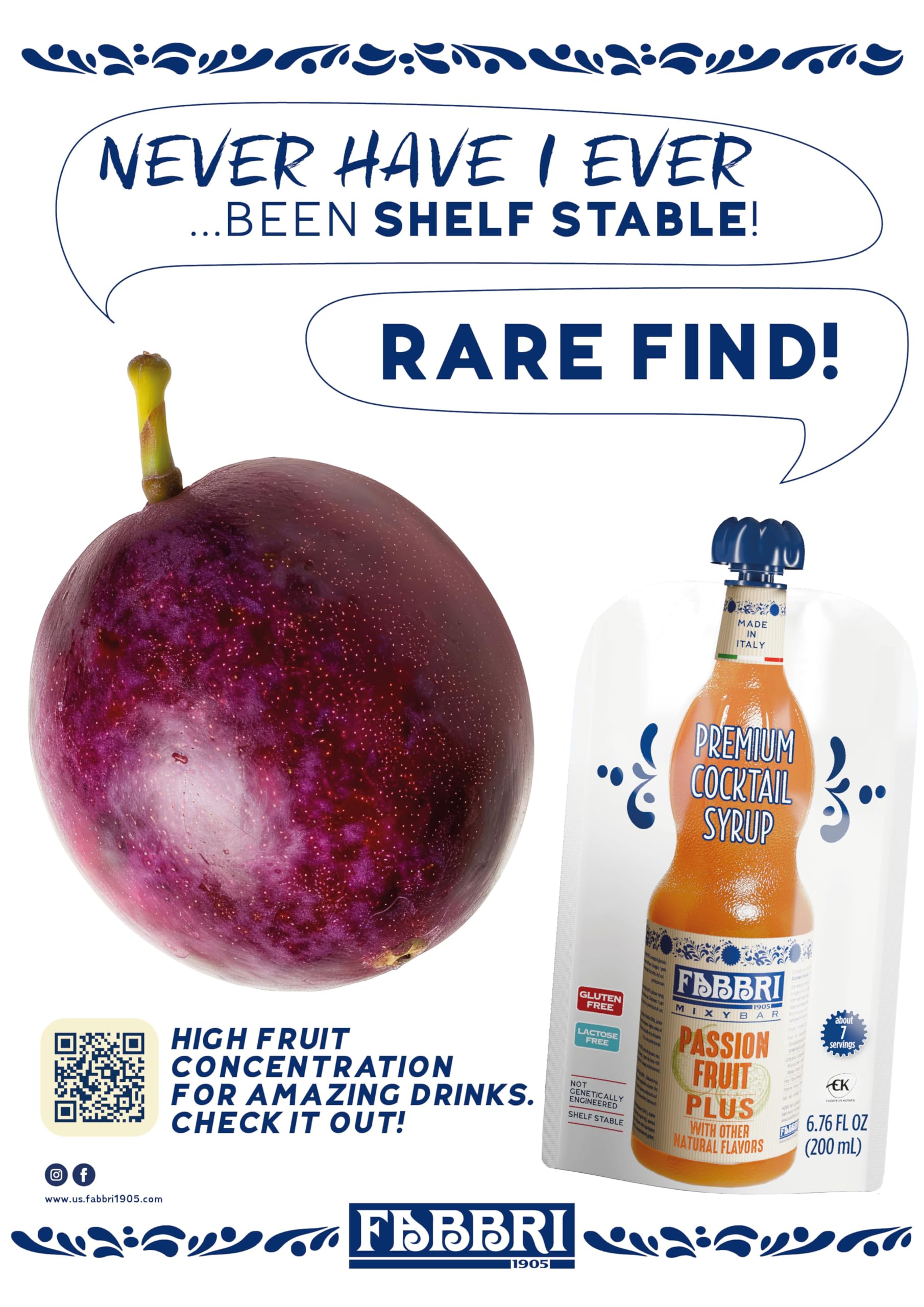 Fabbri Passion Fruit Syrup packaging on a store shelf with a resealable pouch