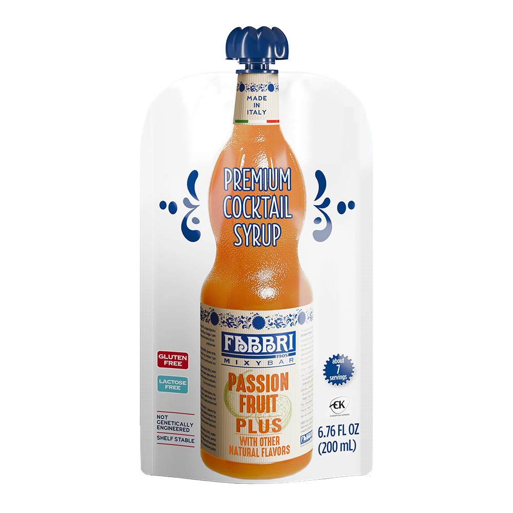 Fabbri Passion Fruit Syrup pouch close-up highlighting natural ingredients and vivid color