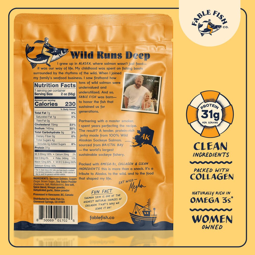 Fable Fish Teriyaki jerky glaze close-up highlighting bold color and savory aroma.