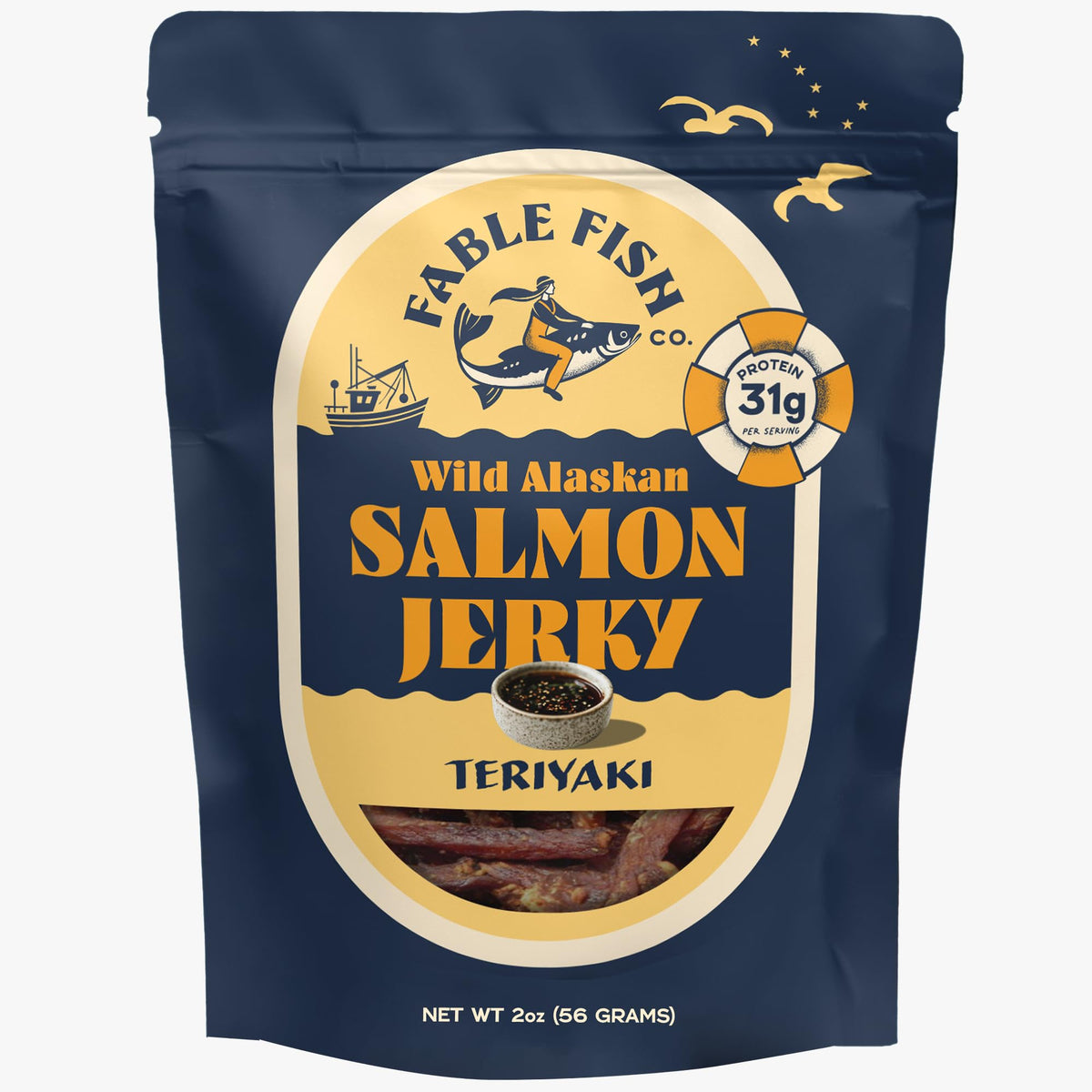 Fable Fish Company wild sockeye salmon jerky slices showing lean texture and bold flavor.