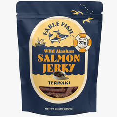 Fable Fish Company wild sockeye salmon jerky slices showing lean texture and bold flavor.