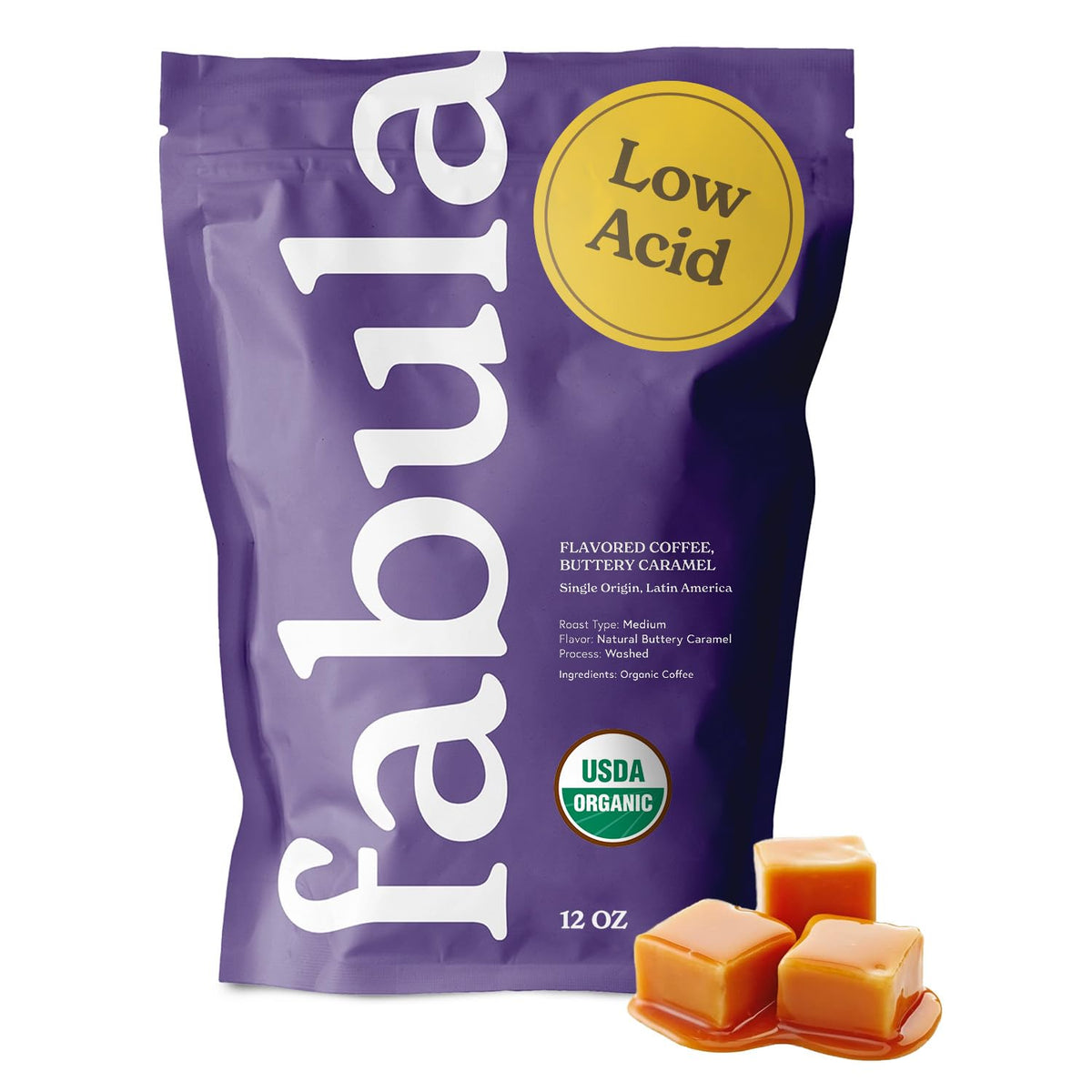 Fabula Buttery Caramel Organic Coffee packshot with fresh-ground beans for a smooth, low-acid cup