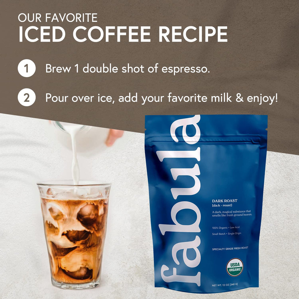 Fabula Dark Roast altitude-grown, shade-grown beans for depth.