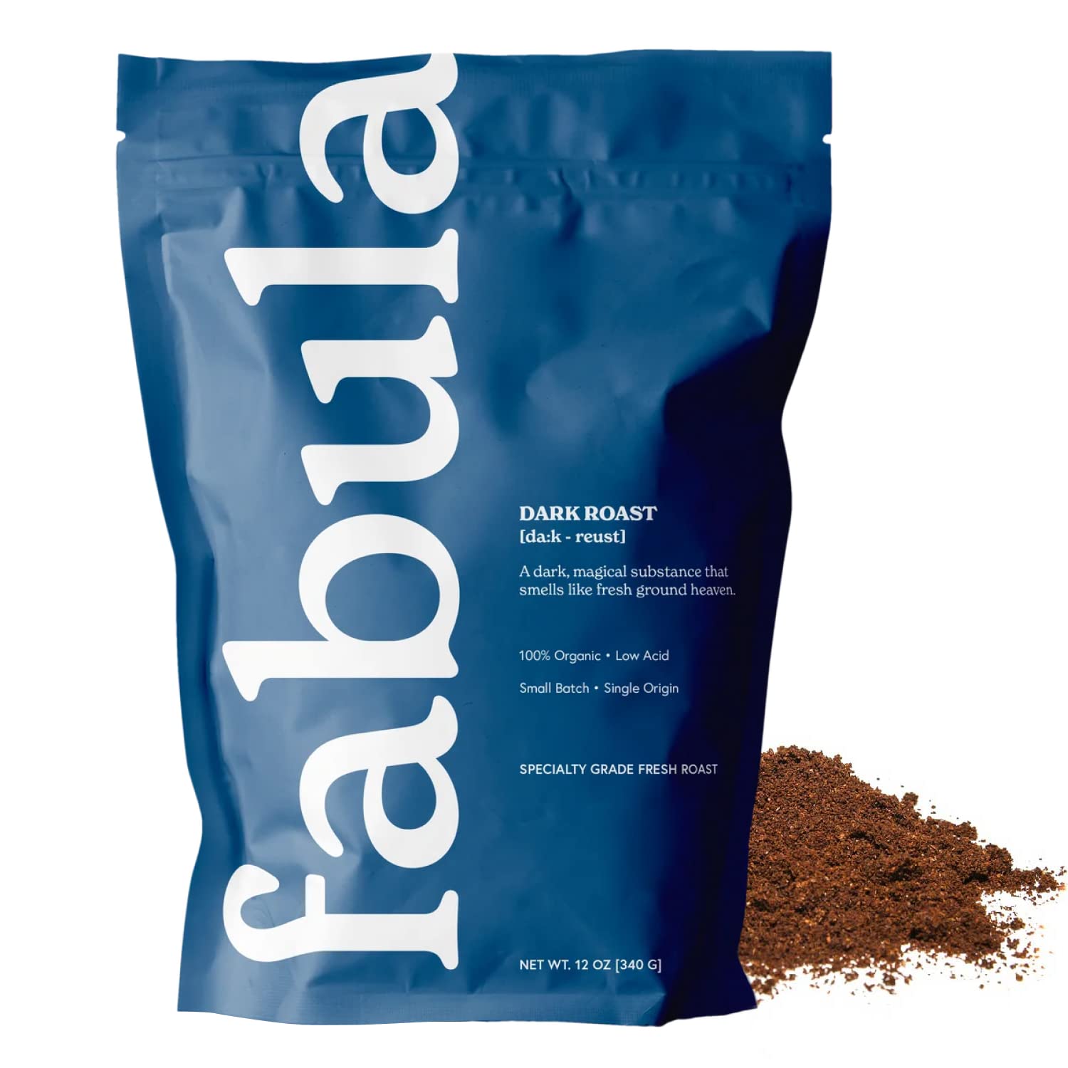 Fabula Dark Roast coffee bag front shows organic, fresh-roasted beans.