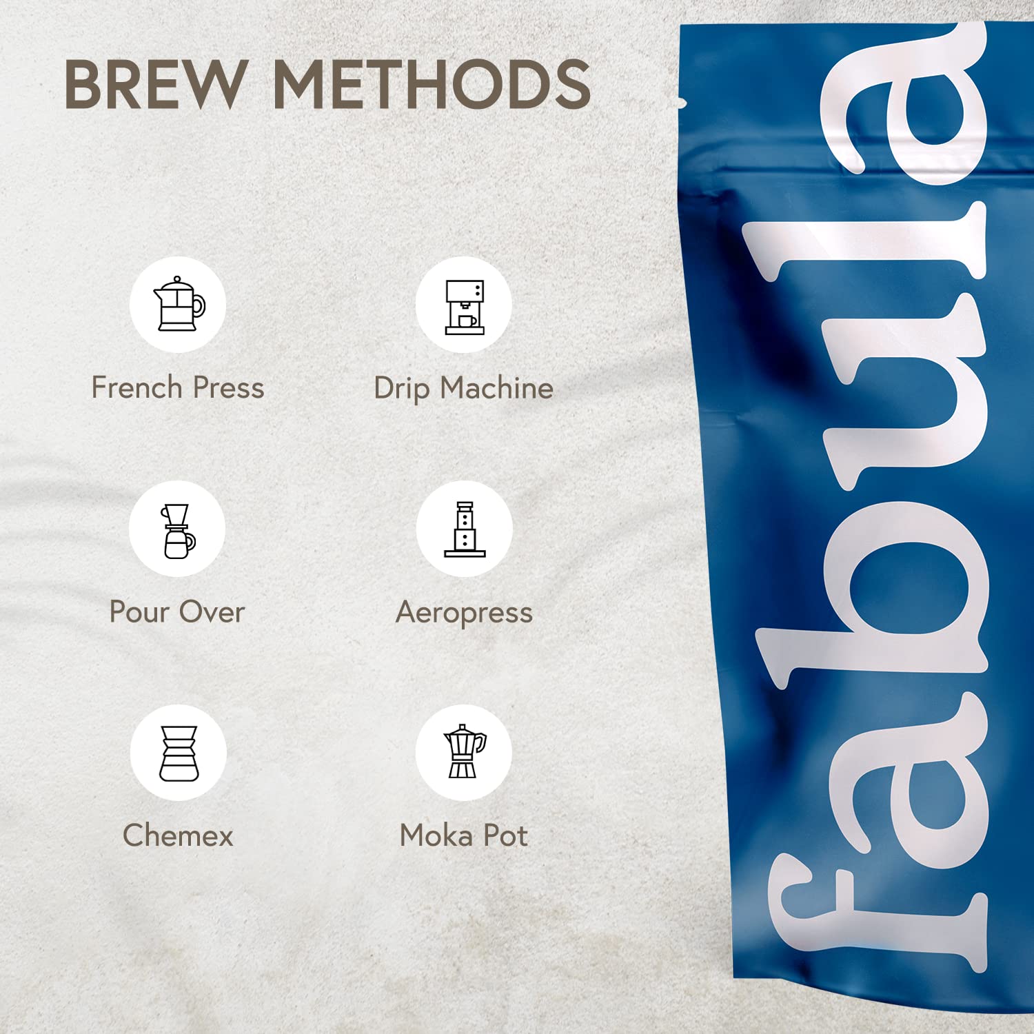 Fabula Dark Roast fair-trade badge signals ethical sourcing.