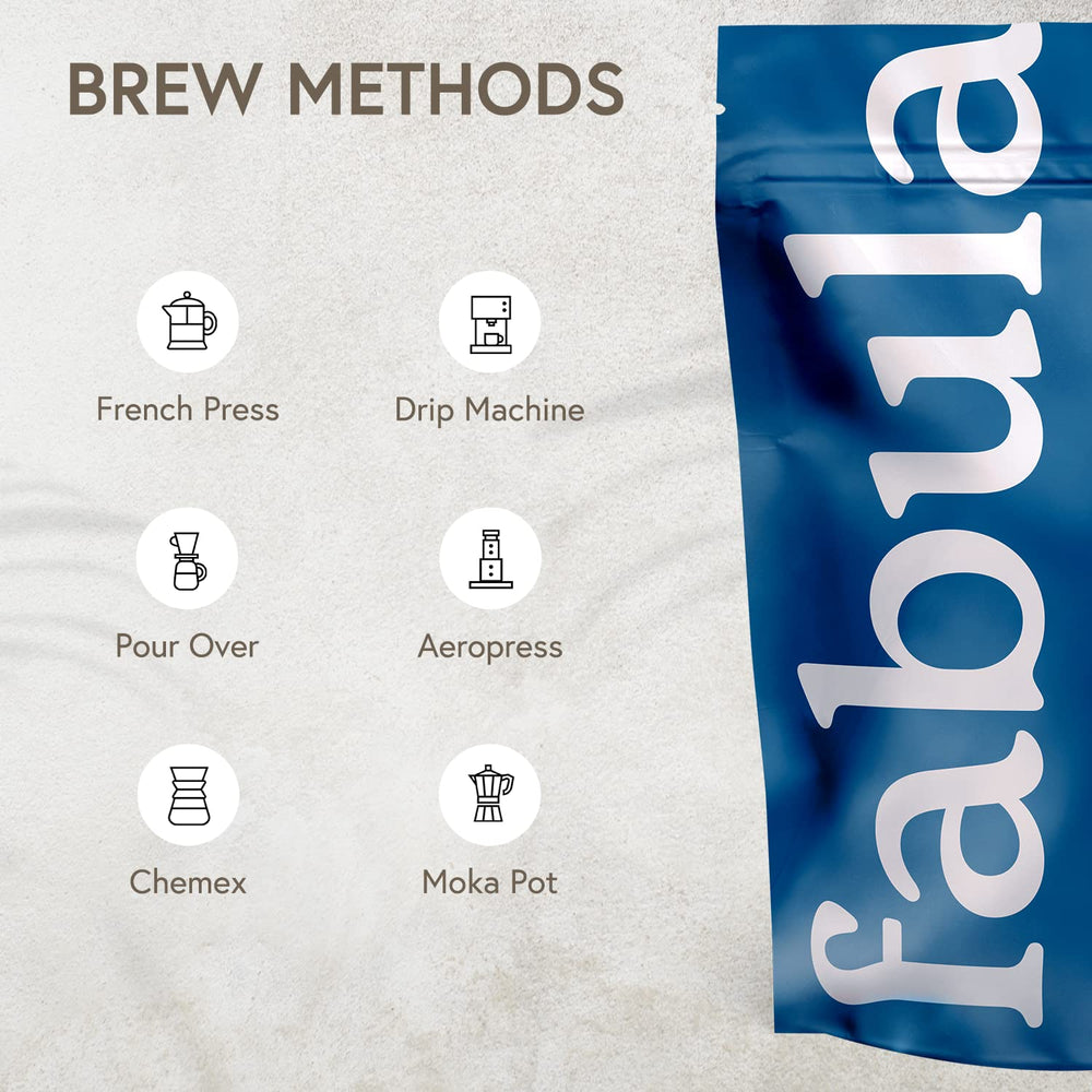 Fabula Dark Roast fair-trade badge signals ethical sourcing.