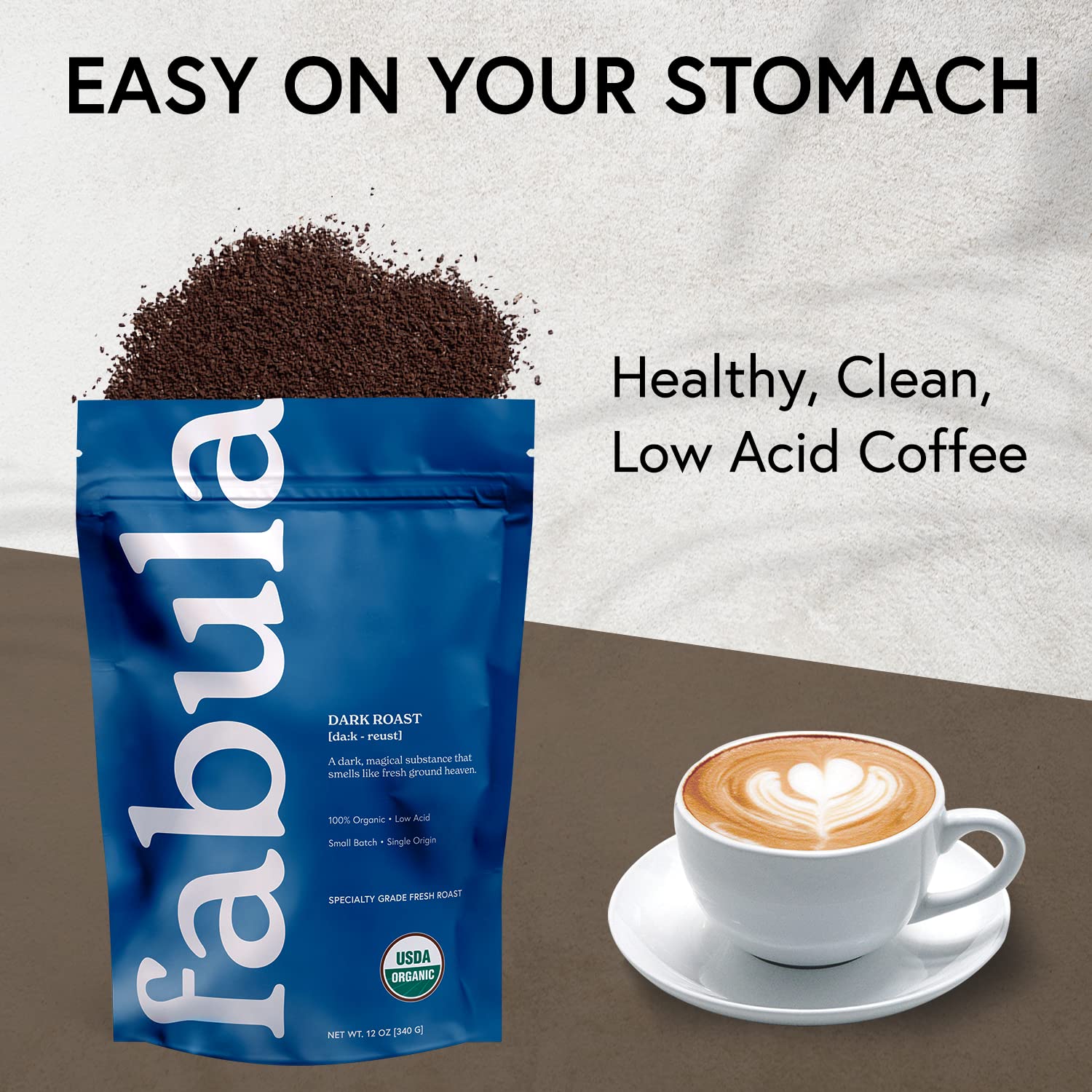 Fabula Dark Roast organic label emphasizes clean, chemical-free coffee.