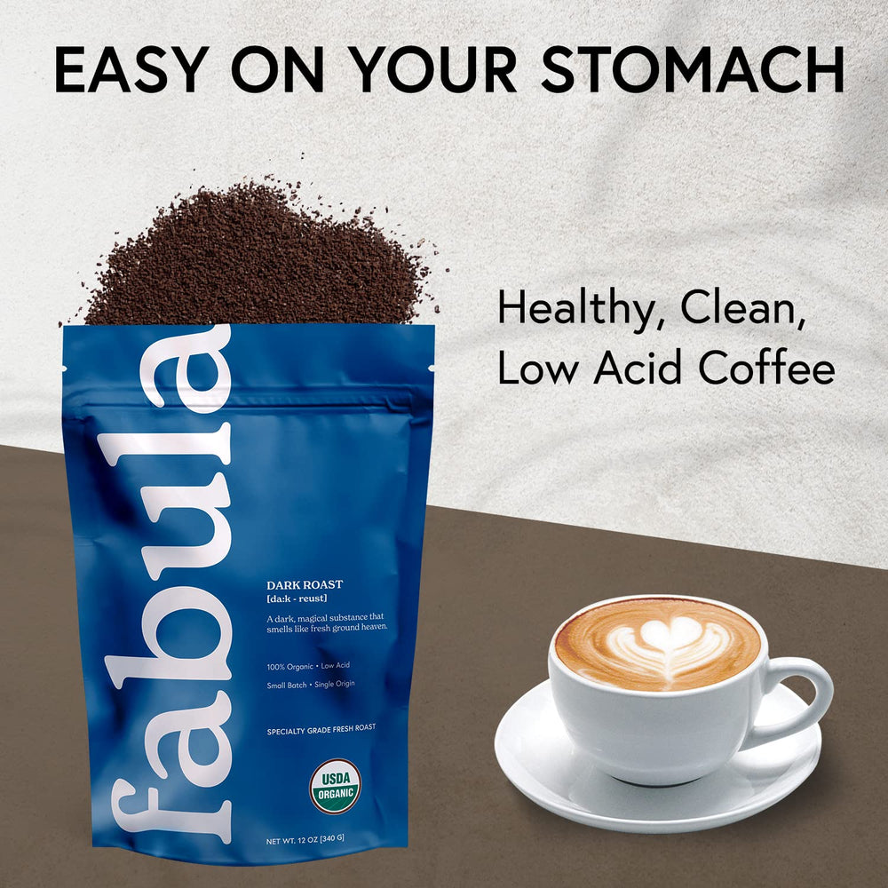 Fabula Dark Roast organic label emphasizes clean, chemical-free coffee.