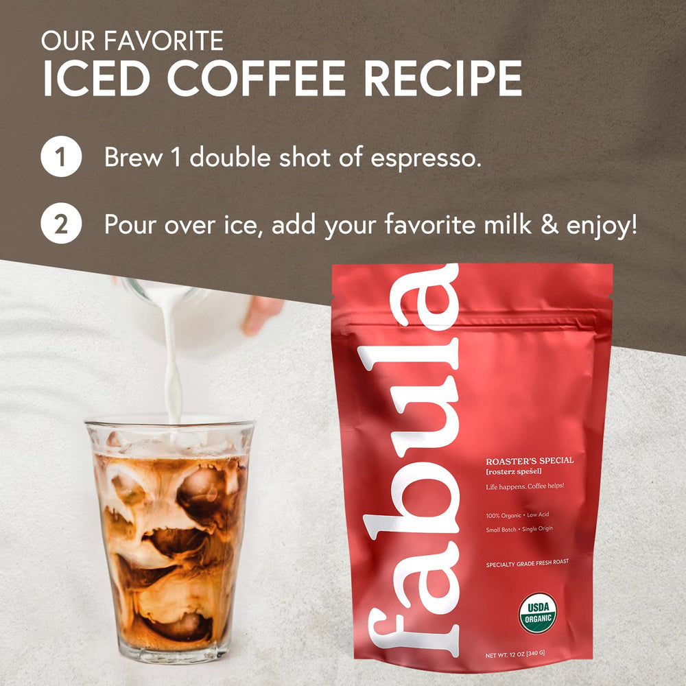 Fabula half-caff steam rising around beans