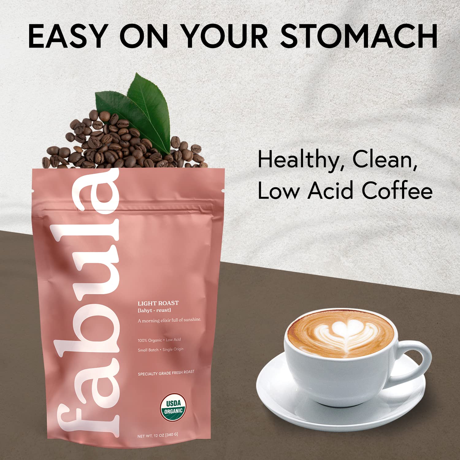 Fabula Coffee Light Roast Non-GMO Seal—ethically sourced beans for mindful mornings.