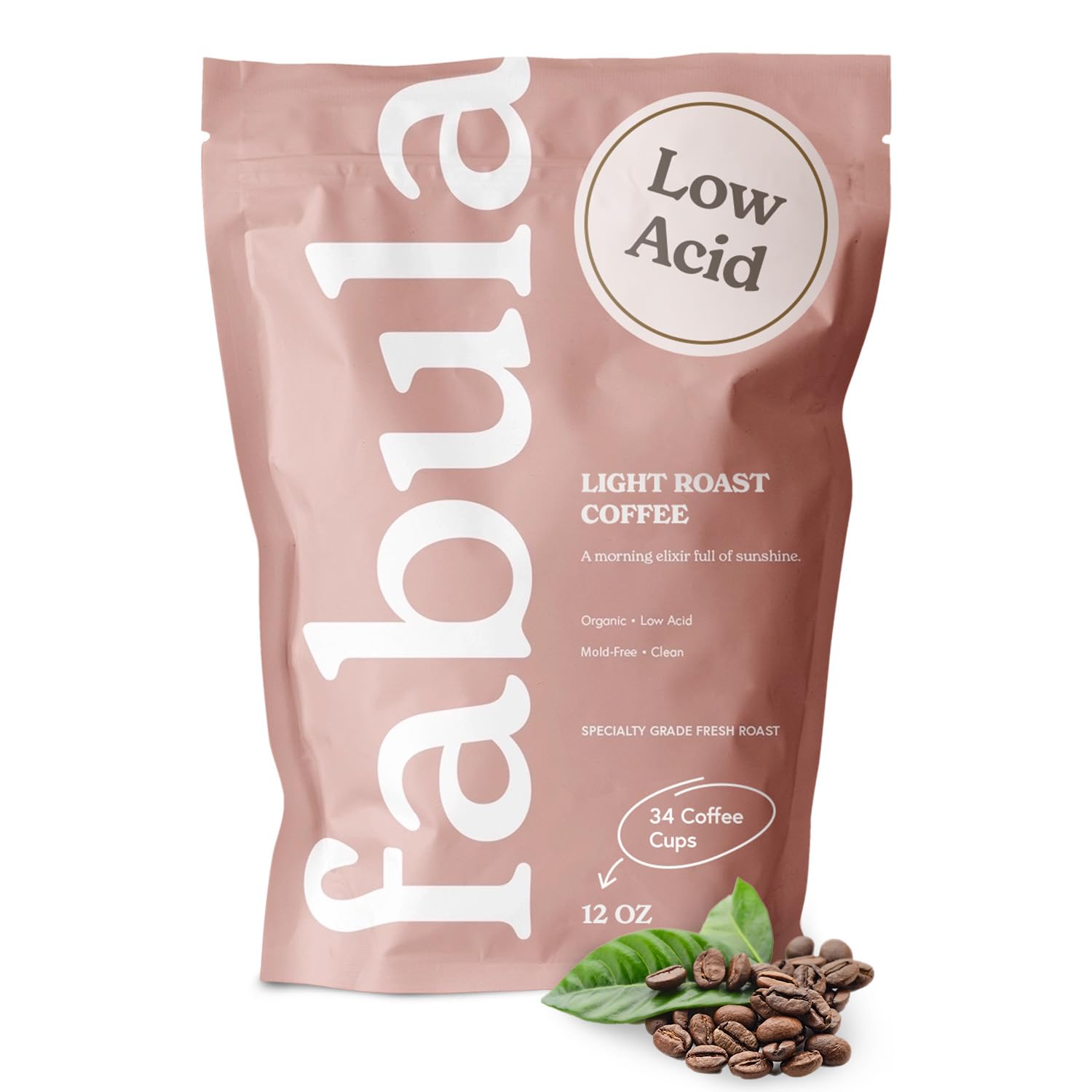 Fabula Coffee Light Roast Whole Beans bag showing organic, low-acid quality for gentle mornings.
