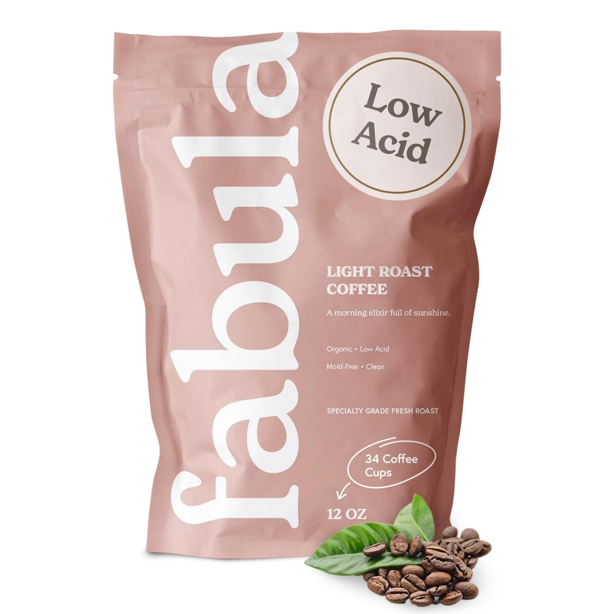 Fabula Coffee Light Roast Whole Beans bag showing organic, low-acid quality for gentle mornings.