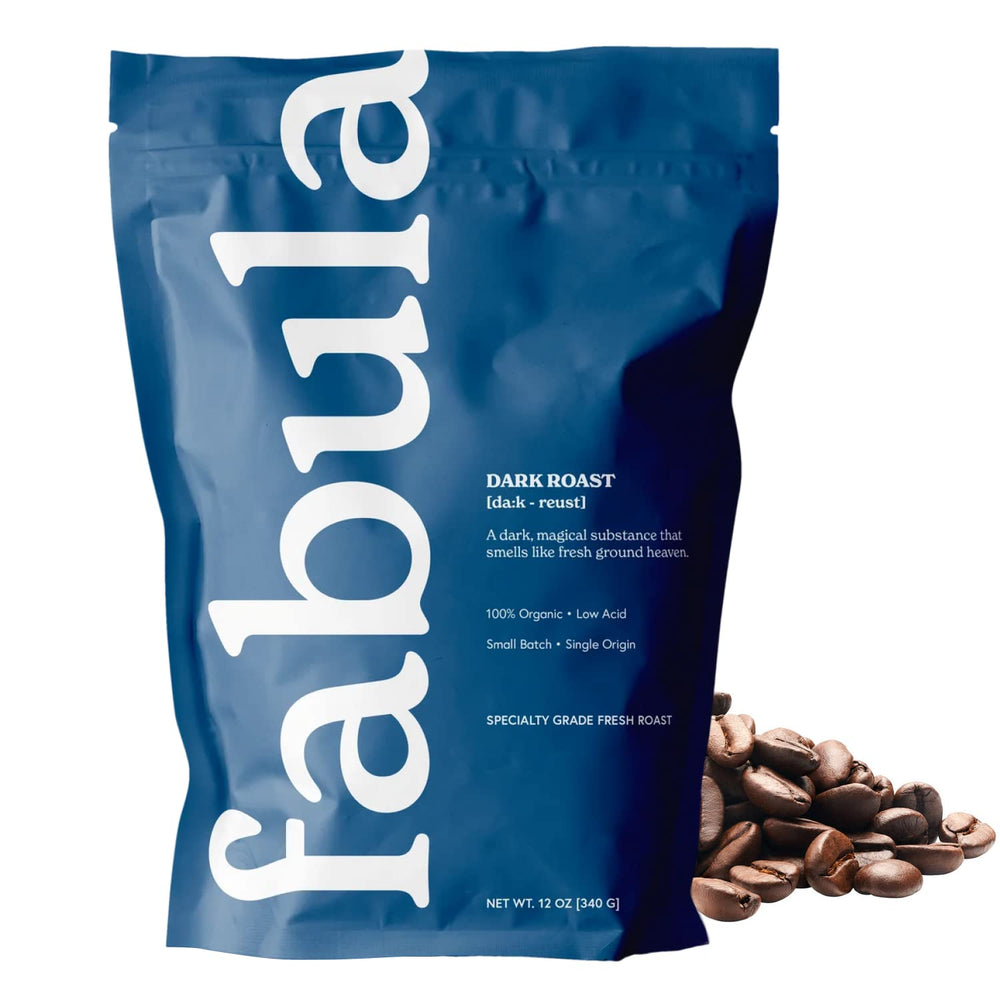 Fabula Dark Roast whole beans in bag showing organic, single-origin flavor and low acidity.
