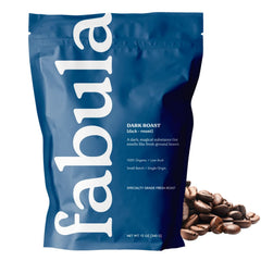 Fabula Dark Roast whole beans in bag showing organic, single-origin flavor and low acidity.