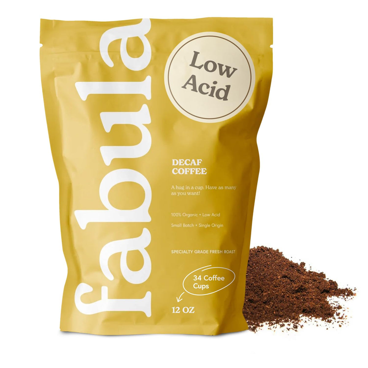 Fabula Decaf Dark Roast bag shows organic, high-altitude origins for a smooth cup.