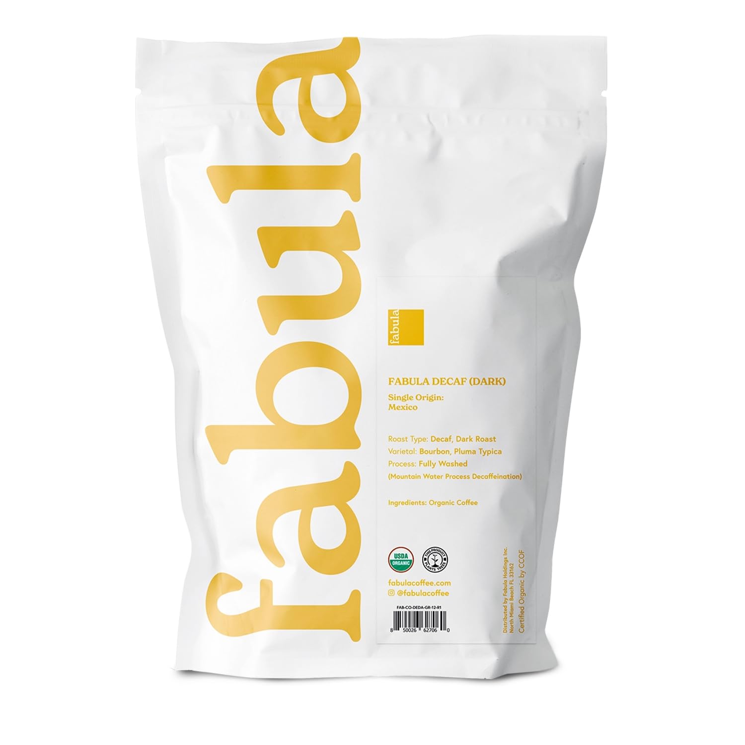 Fabula Decaf Dark Roast ground coffee delivers low-acid, easy sipping.