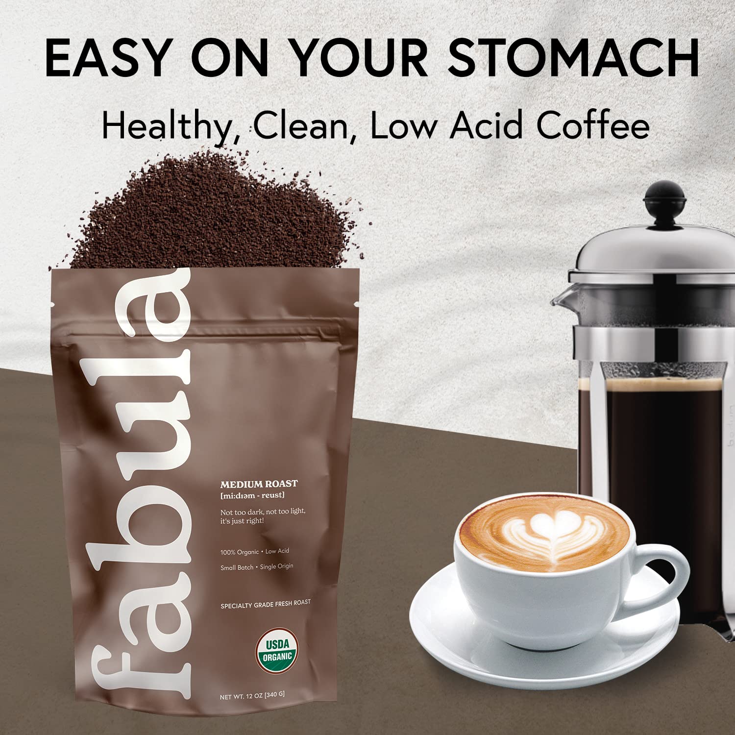 Fabula fresh-roast coffee releasing rich aroma and warmth from steam.