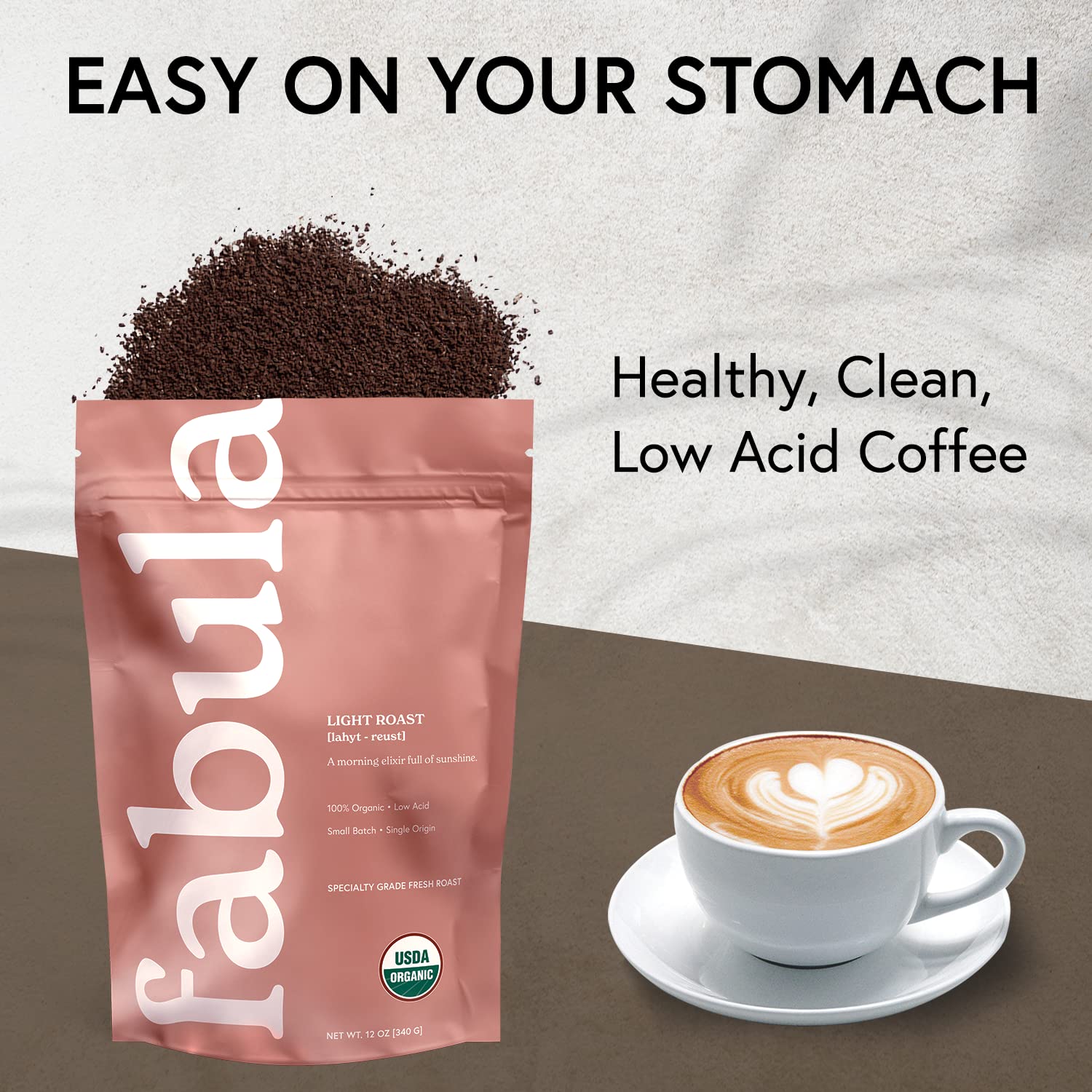 Fabula Light Roast organic non-gmo badge confirms clean, responsible sourcing.